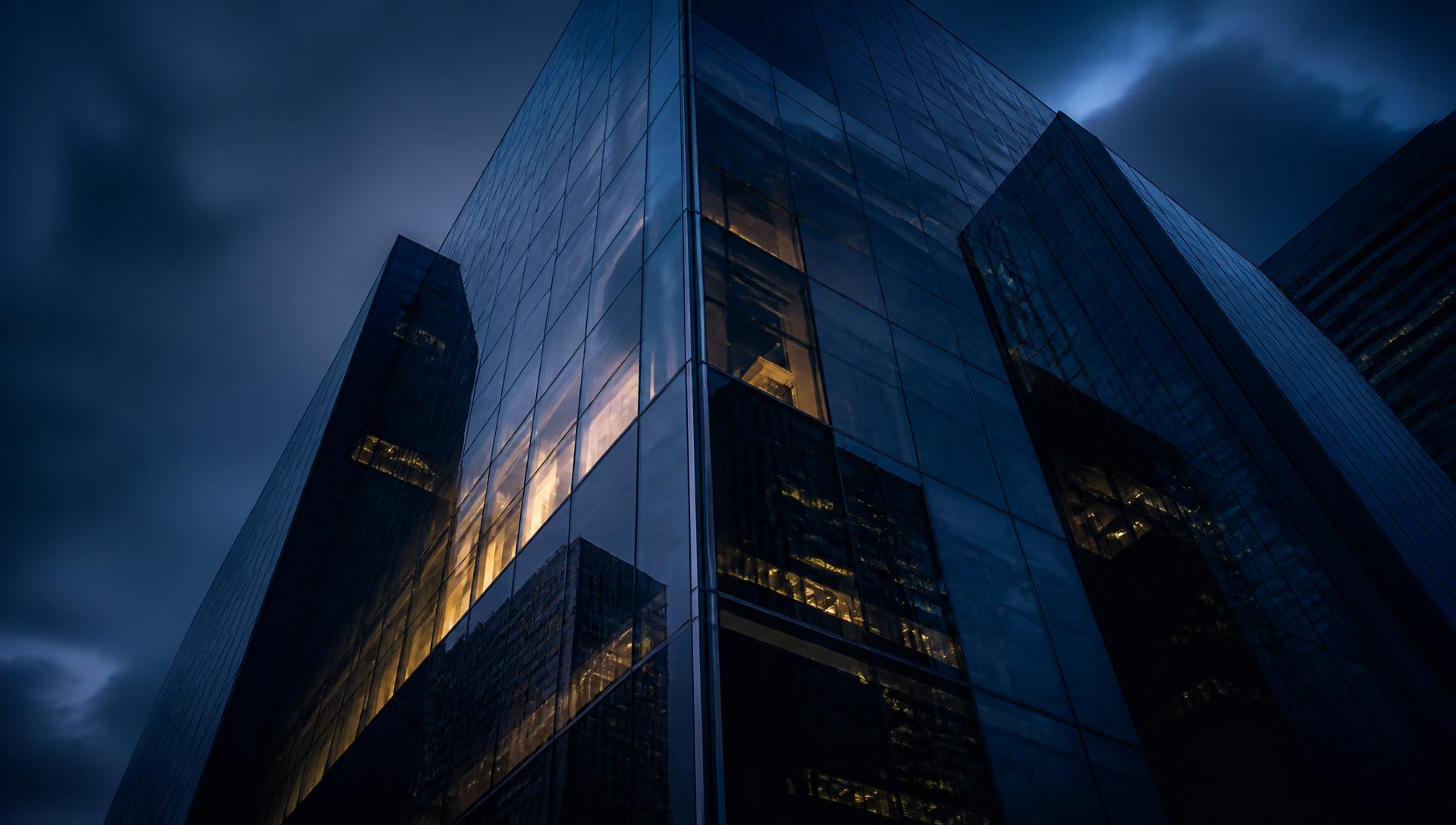 Edifício corporativo em vidro ao anoitecer, símbolo do mercado de capitais